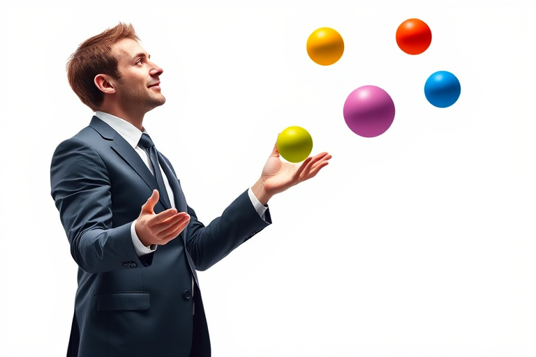 Create an illustration of a man in a suit juggling colorful spheres, with a minimalistic white background, using a Canon EOS 5D Mark IV, ISO 100, f/2.8, 50mm lens, shot in high dynamic range (HDR) style for enhanced detail and vibrancy.