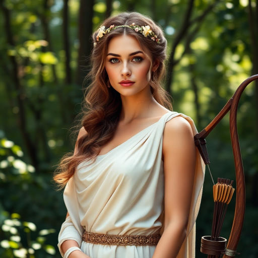 Create a portrait of a goddess-like female figure in a tranquil, forested environment. She has an elegant appearance with long, wavy hair styled in an updo and adorned with a delicate, floral headband. She wears a flowing, ancient Greek-inspired gown in a soft, pale color, featuring a one-shoulder design and draped fabric that accentuates her graceful form. The outfit includes a decorative belt with ornate gold detailing, and she holds a bow in her hand, with a quiver of arrows slung over her shoulder. The background depicts lush greenery, with sunlight filtering through the trees, casting a gentle, ethereal light on the scene. Her expression is calm and contemplative, embodying a sense of wisdom and serenity.