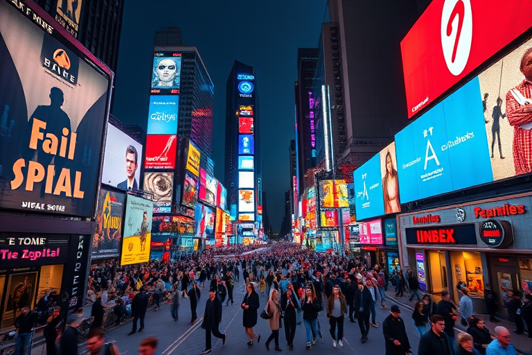 Capture a vibrant evening scene of Times Square in New York City with bustling crowds and bright billboards, using a Canon EOS 5D Mark IV, 24mm lens, aperture f/8, shutter speed 1/125s, ISO 200, shot from a high vantage point to showcase the energy and activity of the area.