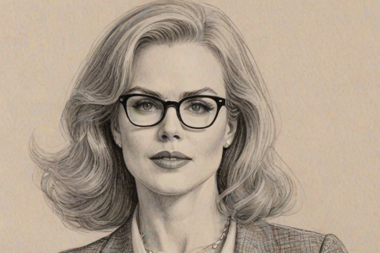 Comely Nicole Kidman, pencil sketch, portrait of Magnificent woman 1958s in glasses, hair style beatnik, outline, clear lines, fine lines, 8k