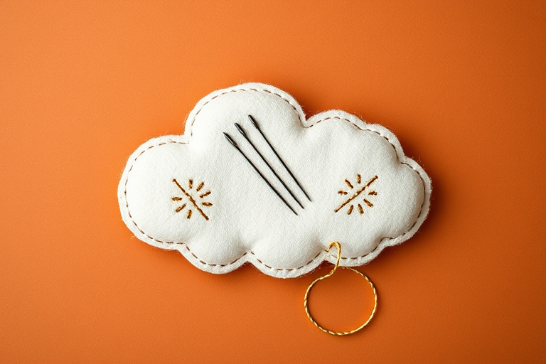 Create an illustration of a cloud with stitched patterns, featuring a needle and thread, on a warm terracotta background, using a DSLR camera with a 50mm lens at f/2.8, shot from a top-down view, with soft lighting to enhance texture and detail.