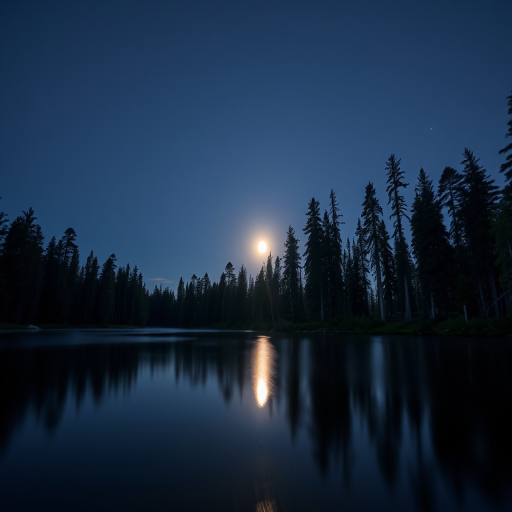 night landscape featuring a full moon reflecting on a serene lake surrounded by tall pine trees, shot with a DSLR camera, 24mm lens, f/8 aperture, ISO 200, 30 seconds exposure, low angle view, soft focus for dreamy effect