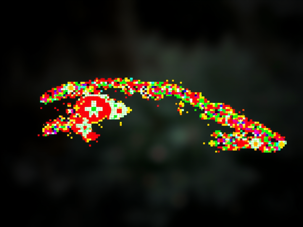 Create a high-resolution digital artwork of Cuba's outline filled with vibrant, colorful pixel patterns, using a Canon EOS R5 camera, 50mm lens, f/1.8 aperture, ISO 100, 1/200s shutter speed, shot from a frontal view with a depth of field effect.