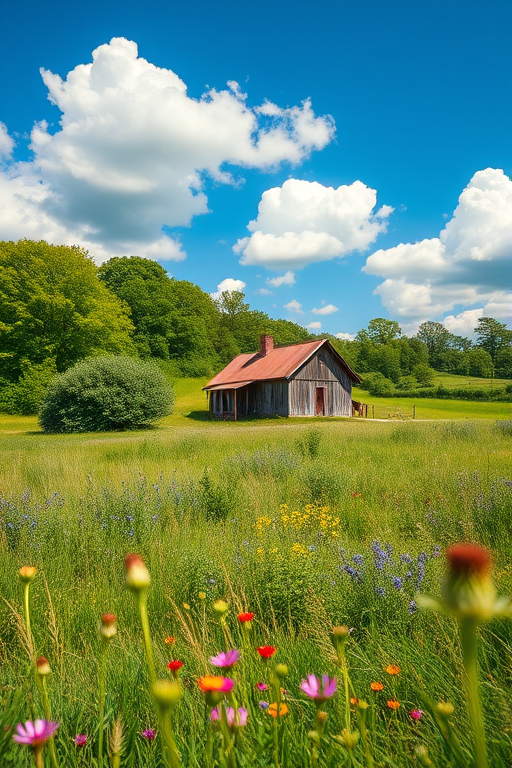 a serene landscape featuring a small farmhouse surrounded by lush greenery and wildflowers under a bright blue sky with fluffy clouds, captured with a Canon EOS R5, 35mm lens, f/8 aperture, ISO 100, natural light, eye-level view for a vibrant and detailed scene