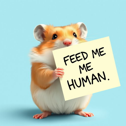 hamster holding a note which says "FEED ME HUMAN"