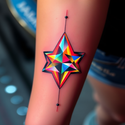Holographic effect tattoo named "Prismatic Illusion" creating the appearance of a three-dimensional,