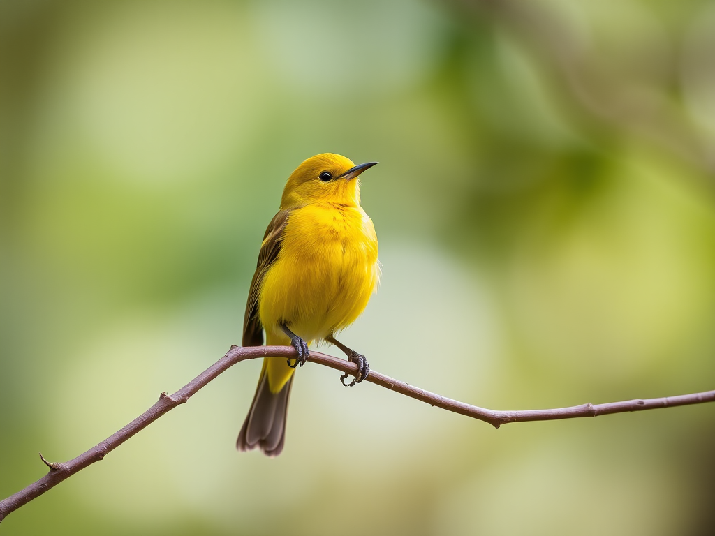 A vibrant yellow bird perched on a slender branch, shallow depth of field, 85mm lens, f/1.8 aperture, ISO 200, natural lighting, soft bokeh background, high-resolution DSLR photography.