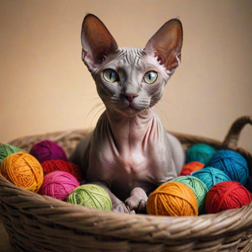 A serene portrait of a sphinx cat nestled in a cozy basket, surrounded by colorful yarn balls, with soft, diffused light capturing the relaxed demeanor and unique features of its hairless coat