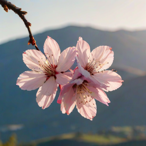 Softly focused close-up of a cherry blossom branch in full bloom, delicate pink petals catching soft morning light, with a vibrant blue sky and distant mountains blending into the background.