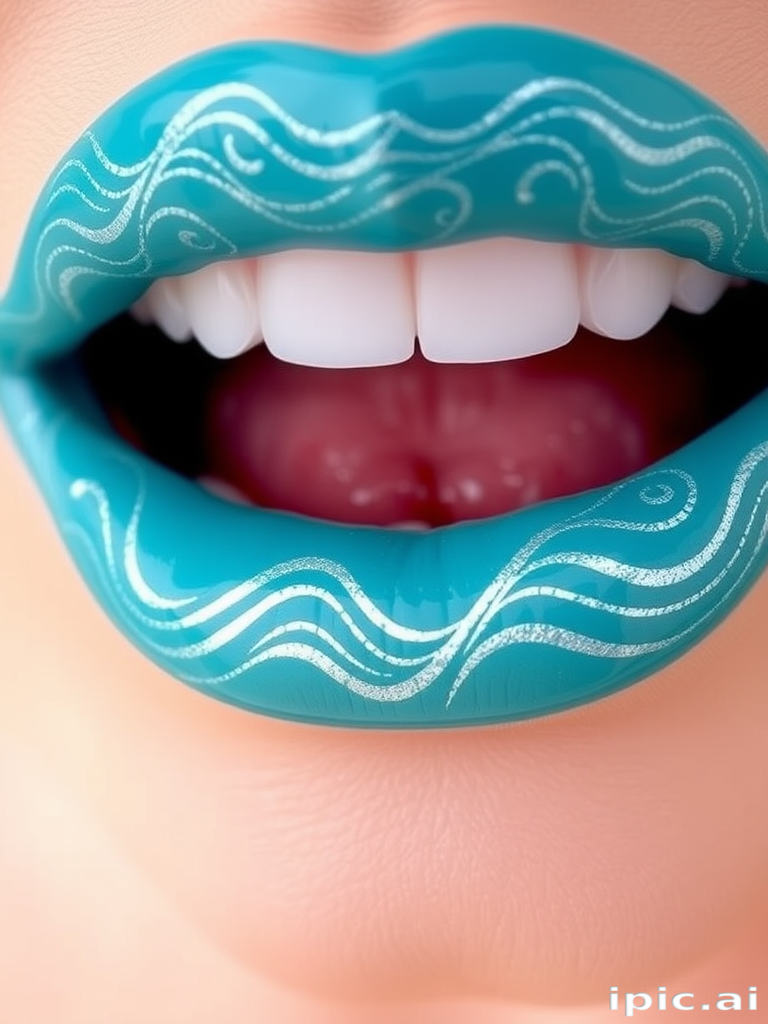 Teal blue lips with wave patterns in silver, dubbed "Ocean's Embrace," offer a refreshing and beachy look with a glossy finish for summer pool parties and seaside vacations