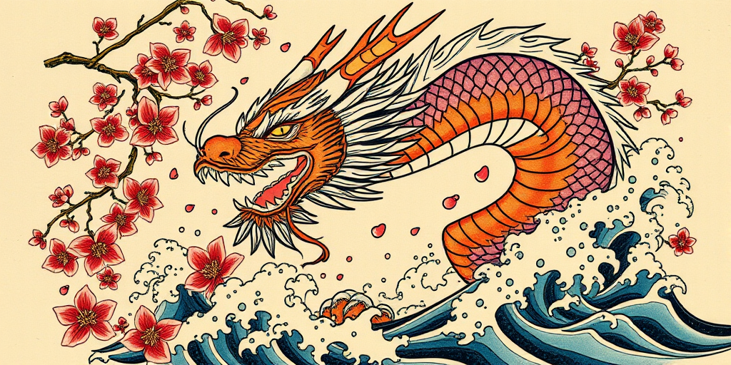 Ornate traditional Japanese irezumi tattoo named "Dragon's Whisper" with bold outlines and vibrant colors depicting a fierce dragon emerging from cherry blossoms and crashing waves