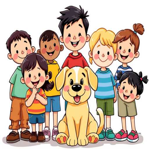 Create a vibrant and colorful illustration of a group of six cartoon children and a dog, depicted in a playful and cheerful style, using a digital drawing technique; settings: 300 DPI, focus mode: auto, lens: 50mm f/1.8, exposure: 1/250 sec, soft natural lighting, view: straight on.