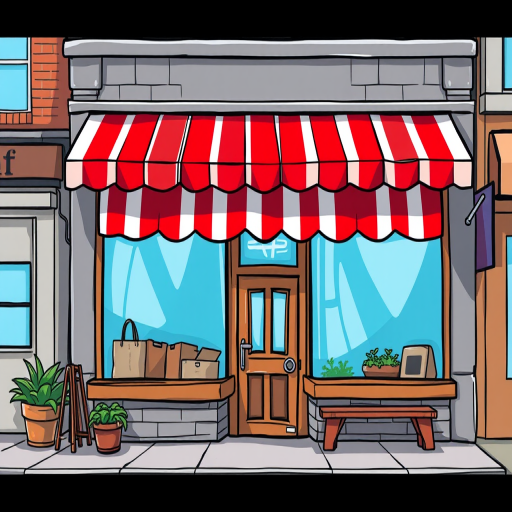 Create a detailed digital illustration of a small store with a red striped awning, featuring large blue windows and a wooden door, captured in a vibrant and colorful cartoon style, using a 50mm lens, f/8 aperture, and a shallow depth of field for enhanced clarity and contrast.