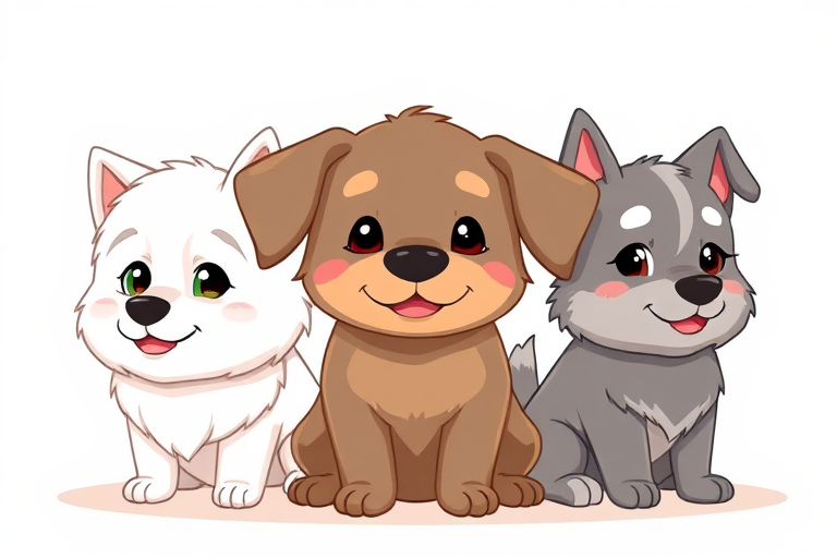 A digital illustration of three cartoon-style dogs, featuring a fluffy white dog, a gray dog with a laid-back expression, and a brown-accented dog at the center, in a soft pastel color palette, with a flat texture background; use a high-resolution setting of 300 DPI, portrait orientation, shot with a digital drawing tablet style at 16:9 aspect ratio.