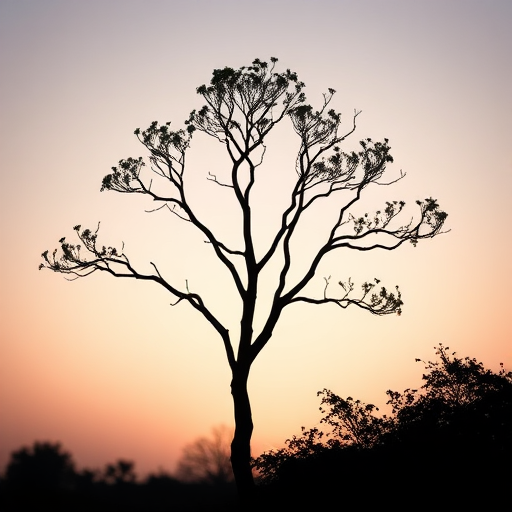 Create a high-resolution silhouette of a tree against a soft gradient background, using a DSLR camera with a 50mm lens, f/2.8 aperture, ISO 100, and a shallow depth of field to enhance details, in a side view perspective.