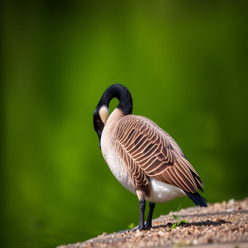 Capture a Canada goose preening by the water's edge, using a Canon EOS 5D Mark IV, 85mm lens, f/4 aperture, 1/1250 shutter speed, ISO 200, natural daylight, and a shallow depth of field for an enhanced focus on the bird against a blurred green background.