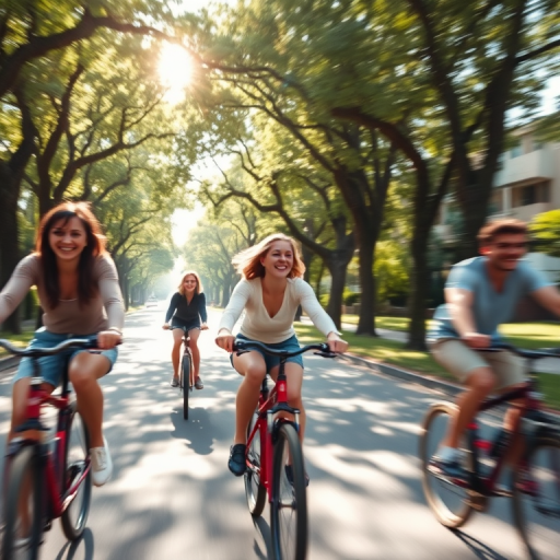 Blurry, candid photo of a group of friends riding bicycles through a tree-lined street, laughter frozen in the moment, sunlight filtering through the leaves, shadows cast on the pavement, the sound of spinning wheels and distant chatter filling the air.