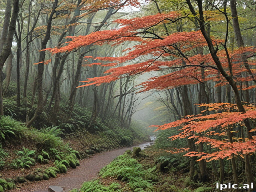 Serene Autumn Pathway Through a Misty Forest with Vibrant Red Leaves