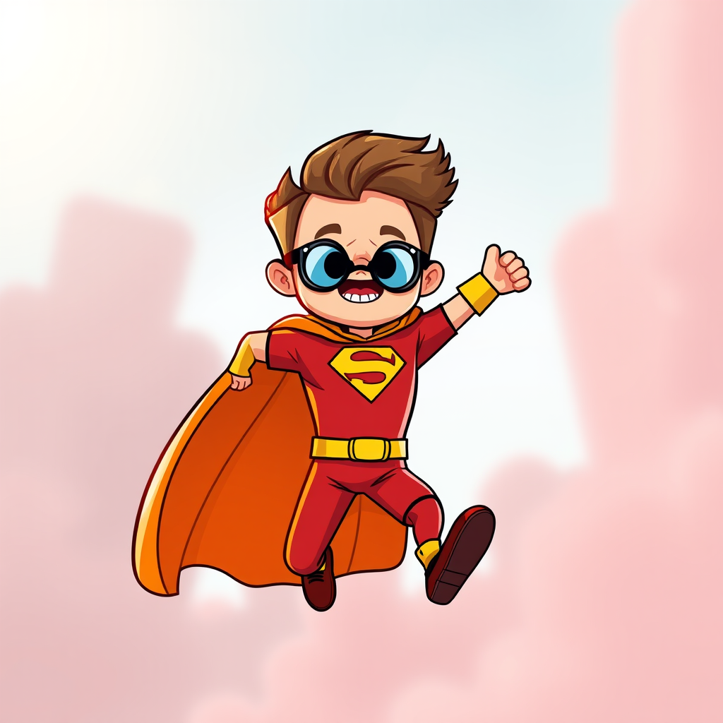 Create an illustration of a cartoon superhero characterized as a "Super Dad," featuring a vibrant red and yellow costume, a flowing cape, and a dynamic jumping pose, using a digital art style with high resolution; camera settings: ISO 100, aperture f/8, 24mm lens, soft focus background for enhanced depth.