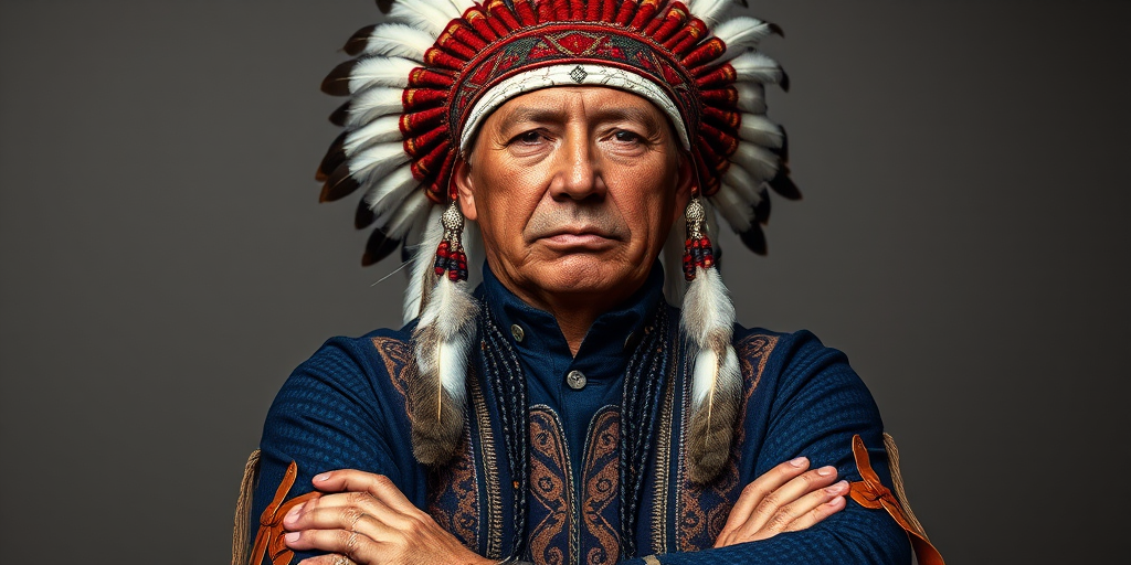 Create a dignified portrait of a Native American man dressed in traditional attire. He wears a beautifully crafted headdress adorned with white feathers and red beads, along with a beaded headband featuring intricate patterns. His clothing includes a deep blue, patterned shirt and a traditional chest piece with detailed beadwork. His arms are crossed, displaying leather armbands decorated with feathers. The background is simple and neutral, emphasizing his proud and stoic expression. The overall image captures the rich cultural heritage and strength of his persona.