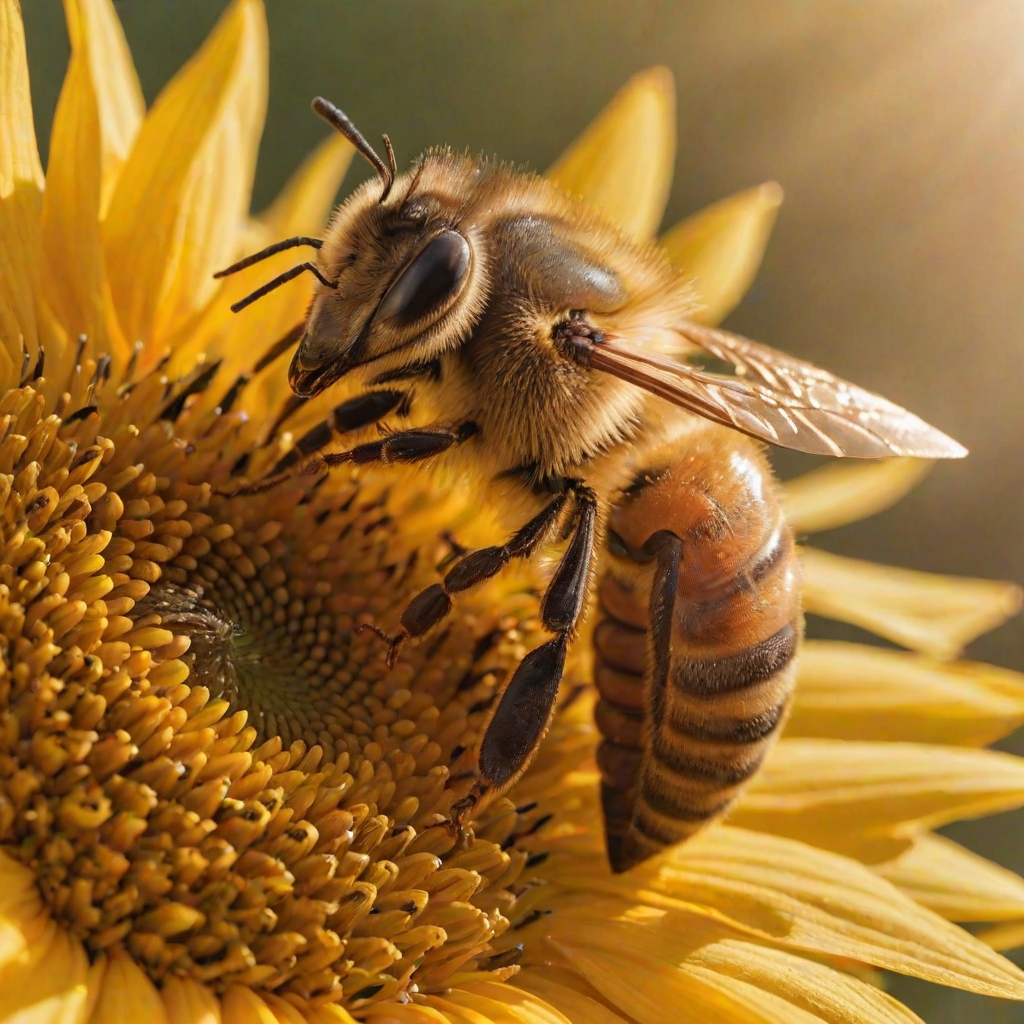 Sharp, high-resolution close-up of a honeybee collecting nectar from a sunflower, soft sunlight reflecting off the petals, tiny details of the bee's wings visible, and the smell of fresh blooms filling the air.