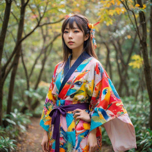 A beautiful Japanese girl, wearing colorful bird clothing with vibrant colors