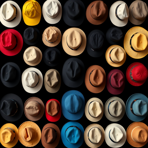 Create an illustration of various hats arranged in a grid pattern on a black background, captured with a DSLR camera at f/5.6, ISO 100, 50mm lens, using natural light for clarity and vibrant colors.