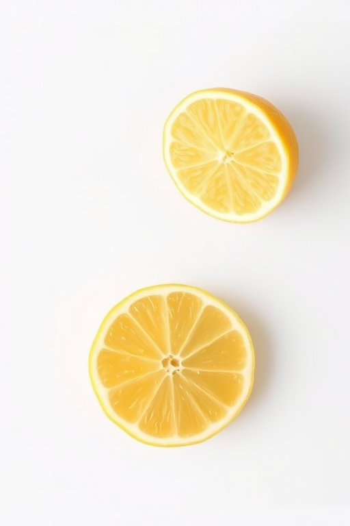 generate an ultra-realistic image of a lemon and a sliced lemon half on a clean white background using a DSLR camera with a 50mm lens, aperture f/2.8, ISO 100, 1/200 sec shutter speed, top-down view with soft natural lighting for enhanced detail and vibrant colors