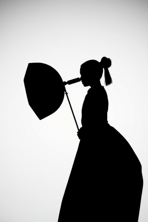 Create a high-resolution image of a minimalist black silhouette against a white background, shot with a Canon EOS R5 at f/8 aperture, ISO 100, 1/200 sec shutter speed, using a soft diffused light source for even illumination, in a studio photography style for crisp detail and contrast.