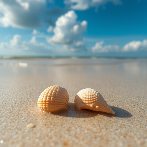 Close-up of two seashells on a sandy beach with gentle waves lapping at the shore, vibrant blue sky with fluffy clouds above, Canon EOS R5, 24-70mm f/2.8 lens, aperture f/8, ISO 100, shutter speed 1/200 sec, natural light, low angle view, high resolution.