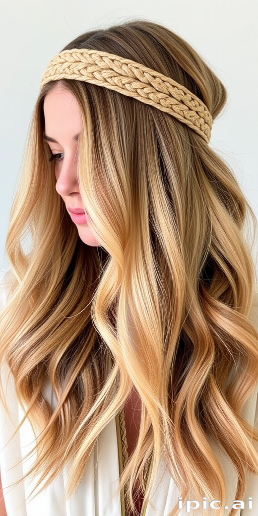 Bohemian-inspired long layers in warm honey blonde, styled with loose beachy waves and adorned with a macramé headband, perfect for free-spirited souls