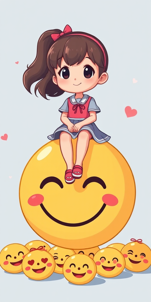 Create a whimsical illustration of a girl sitting on a large smiling emoji, surrounded by smaller emojis, in a cartoon style, using a Canon EOS R5 camera with a 50mm lens, aperture set to f/2.8, ISO 100, shot from a slightly low angle to enhance the character's expression against a soft blue background.