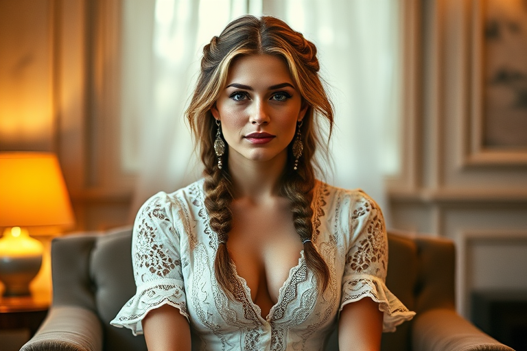 Create a portrait of a refined and elegant Georgian woman seated in a sophisticated setting. She has long, wavy hair styled in two thick braids that are pulled over her shoulders. She wears a white, lace gown with intricate patterns, featuring a deep V-neckline and short sleeves. The dress exudes a vintage charm with its delicate lacework. She is adorned with ornate, dangling earrings that add a touch of glamour to her appearance. The background is softly lit, with warm, ambient lighting that creates a cozy and inviting atmosphere. Her expression is poised and serene, capturing a sense of grace and elegance.