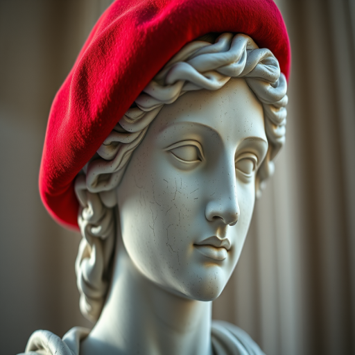 Create a realistic portrait of a classical statue wearing a red beret, focus on intricate facial details, soft lighting, Canon EOS R5, 85mm f/1.2 lens, ISO 100, f/2.8, natural light, shallow depth of field.