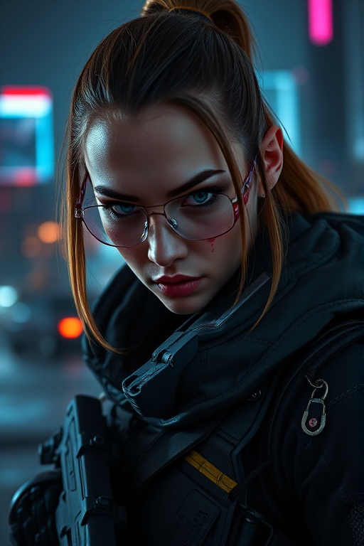 Create a detailed portrait of a fierce female cyberpunk character in a futuristic cityscape at night, capturing her intense expression and tactical gear, using a Canon EOS R5 camera, 50mm lens, aperture f/1.8, ISO 400, and soft diffused lighting to enhance the visual depth and clarity.
