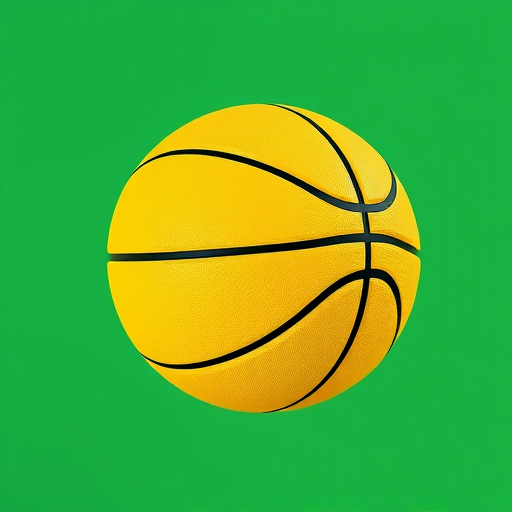 Create a high-resolution 3D rendering of a stylized basketball with vibrant green and yellow colors, using a Canon EOS R5 camera, 50mm lens, f/1.8 aperture, ISO 100, and natural lighting for enhanced detail and clarity.