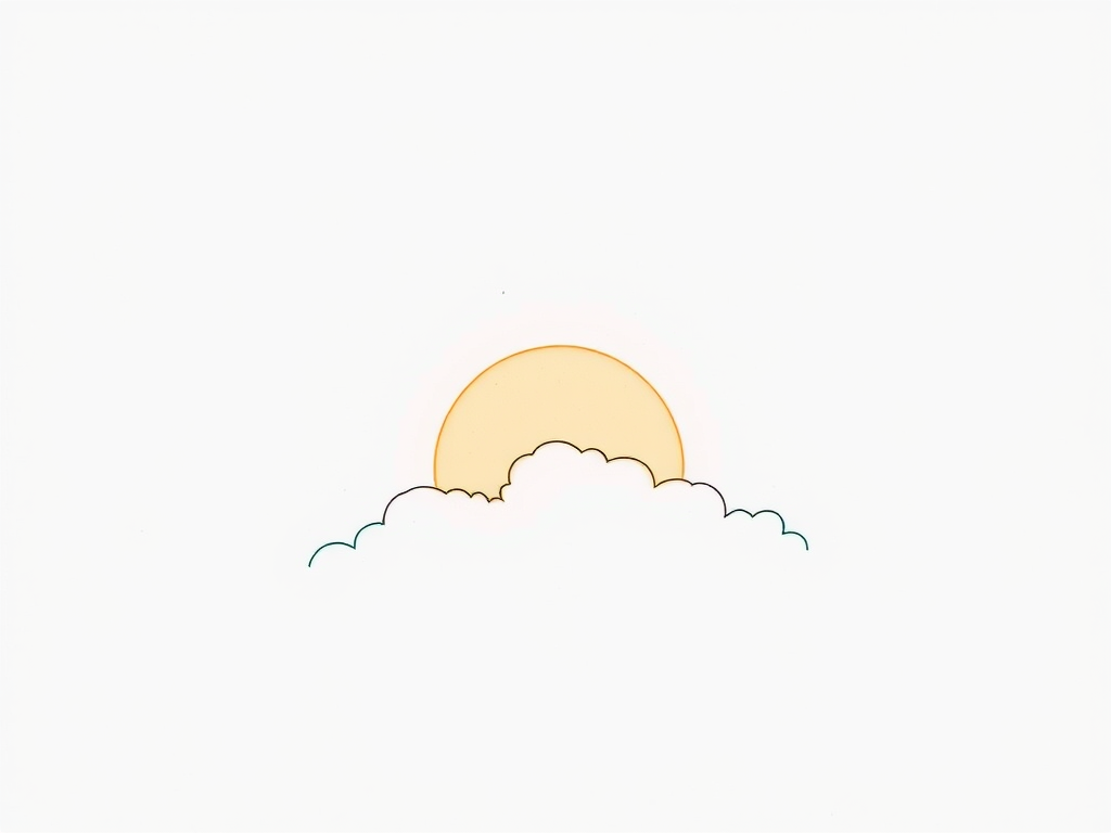 Create a minimalist line drawing of a sun rising behind a cloud with a soft color palette, using a DSLR camera at f/2.8 aperture, 50mm lens, ISO 100, natural light, shot from an overhead angle to enhance depth.