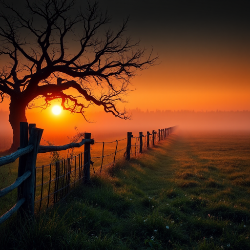 A serene countryside landscape at dawn, with a misty orange glow filling the air. The sun rises behind a large twisted and gnarled bare tree, casting a warm light over the scene. A rustic wooden fence, weathered and overgrown with vines and delicate wildflowers along the fence line, stretches into the distance, dividing a grassy field that fades into the fog. The grass is dew-kissed and shimmering, and there's a touch of mist rising from the ground. The sky gradually fades into darker shades as it reaches higher, enhancing the peaceful, dreamlike dark fantasy atmosphere