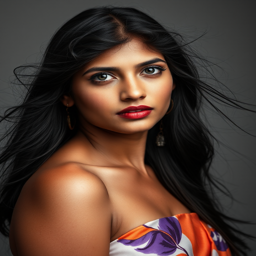 Photographic image of a beautiful young Indian woman, white eyes, lips with brown lipstick, long hair fluttering in the wind and wearing a silk strapless dress with a soft purple and orange print. monochrome image with only color highlights in the iris of the eyes, lipstick and dress. Gray background.
