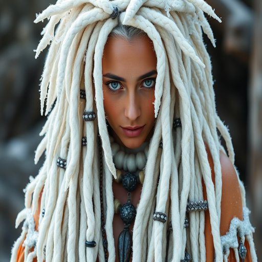 Icy white dreadlocks adorned with crystal beads and silver cuffs, radiating mystical energy and winter magic, aptly named Frost Shaman