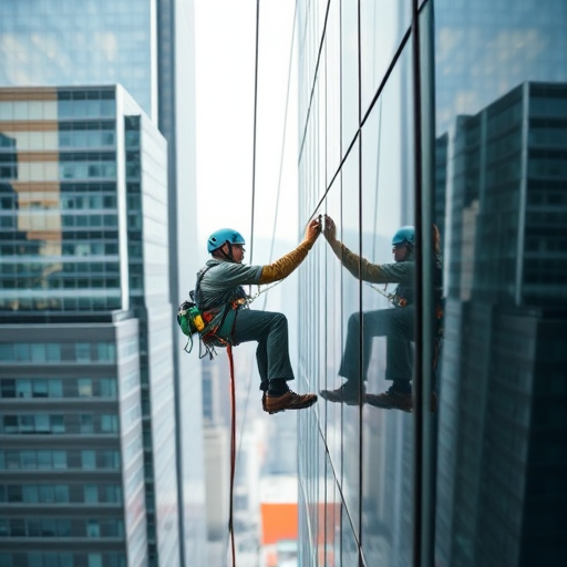 capturing a high-resolution image of a window cleaner rappelling down a skyscraper, with a focus on the reflection in the glass, 50mm lens, f/8 aperture, ISO 100, shutter speed 1/500 sec, natural daylight, using a DSLR camera, captured at eye level to emphasize the action and details