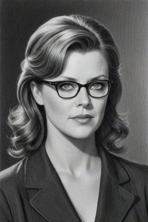 Captivating Amanda Tapping, pencil sketch, portrait of Exquisite woman 1939s in glasses, hair style beatnik, outline, clear lines, fine lines, 8k