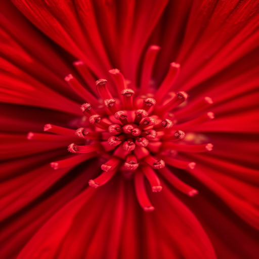 macro shot of a vibrant red flower with intricate petals and detailed textures, using a Canon EOS 5D Mark IV with a 100mm f/2.8L macro lens, aperture f/4, shutter speed 1/200s, ISO 200, shot from a top-down angle to emphasize the flower's structure and vivid colors.