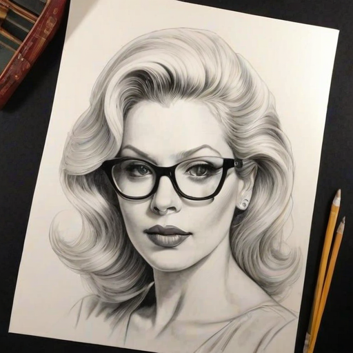 Fascinating Cathy Moriarty, pencil sketch, portrait of Captivating woman 1976s in glasses, hair style beatnik, outline, clear lines, fine lines, 8k