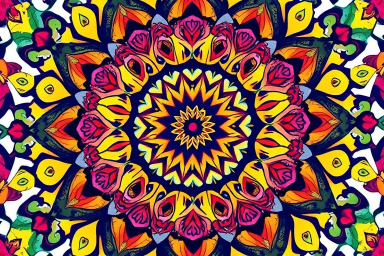 Create a vibrant, intricate mandala design with symmetrical floral patterns and a colorful psychedelic effect, captured with a Canon EOS R5, 50mm lens, f/2.8 aperture, ISO 100, using top-down view and vibrant color saturation settings.