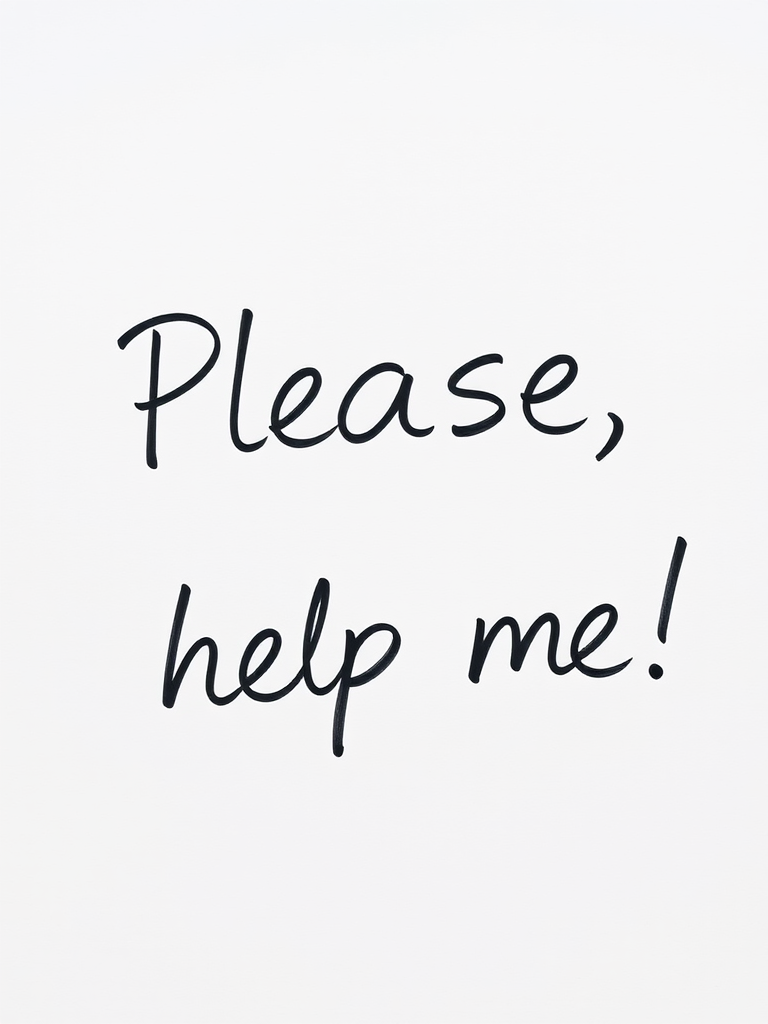 Write the phrase "Please, help me!" in bold, cursive handwriting on a clean white background, captured with a DSLR camera at ISO 100, f/2.8 aperture, 50mm lens, and using a top-down view for clarity and focus on the text.