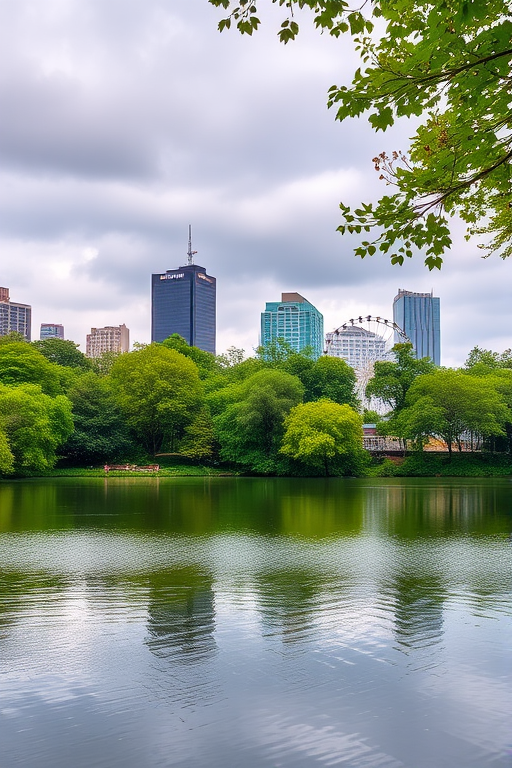A scenic view of a serene lake surrounded by lush green trees with a backdrop of modern city buildings and a ferris wheel, taken with a DSLR camera at f/8 aperture, ISO 200, 1/250 sec shutter speed, in landscape mode during a cloudy day for enhanced depth and detail.