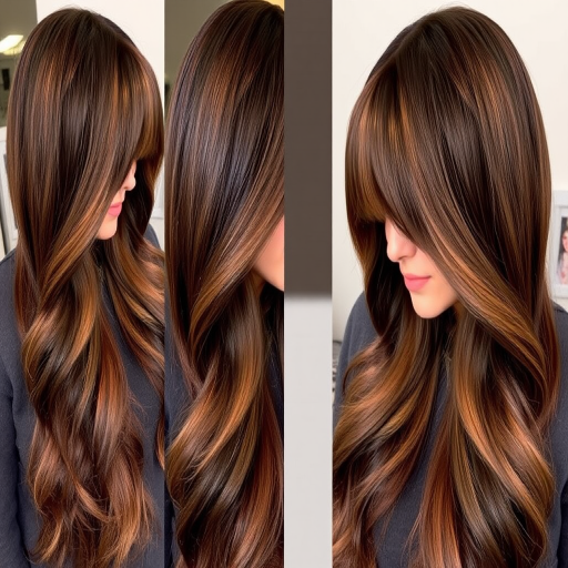 Rich chocolate brown hair with caramel highlights, styled in sleek curtain bangs and long layers, the Mocha Cascade style radiates warmth and depth