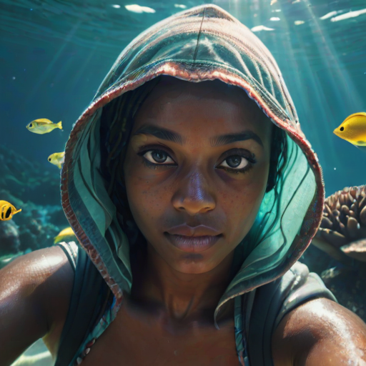 Realistic selfie image of a Oromo, wearing a vintage outfit, detailed dreamy eyes, droopy hooded eyes, staring at the camera, taken underwater at coral reef with a sunbeam filtering through the water, vibrant, summer vacation, natural lighting, turtle and school of tropical fish with vibrant colors, rendered in the style of CryEngine, Pegi Nicol MacLeod, with realistic genre scenes, hauntingly beautiful narratives, ultra-realism, and Thomas Saliot's close-up technique, 8K resolution, crystal clear and sparkling water.