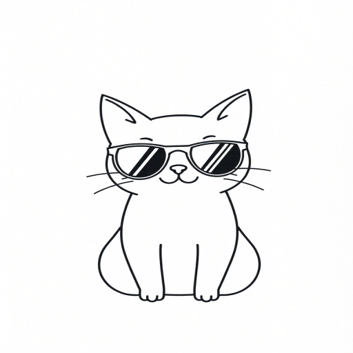 Create a simple line drawing of a cute cat wearing sunglasses with a small smile on a textured white background.